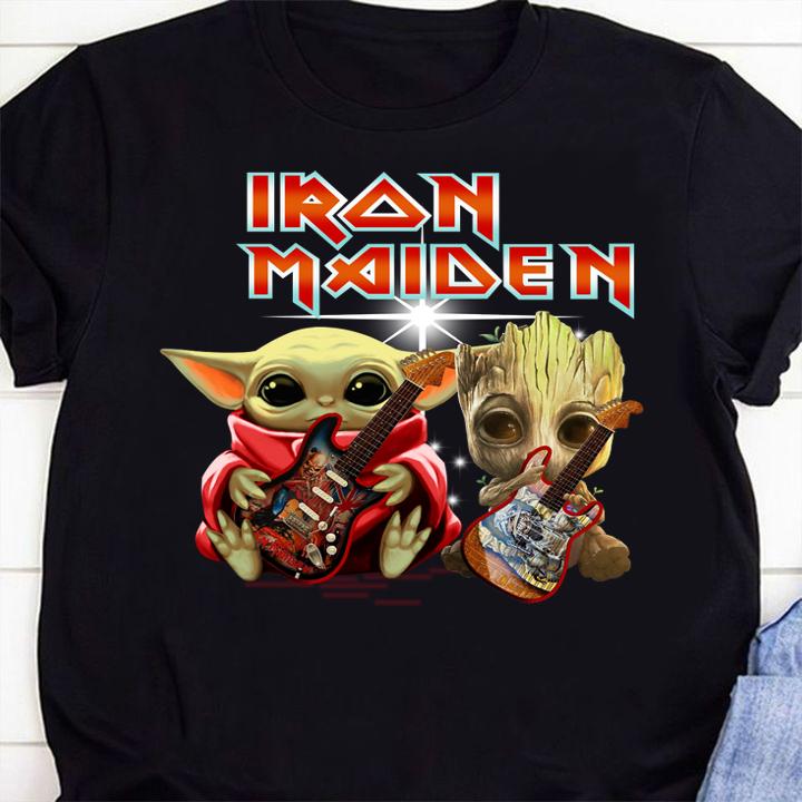 Baby Yoda And Baby Groot Play Guitar Iron Maiden t-shirt shirt