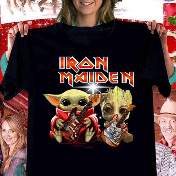 Baby Yoda And Baby Groot Play Guitar Iron Maiden t-shirt woman shirt