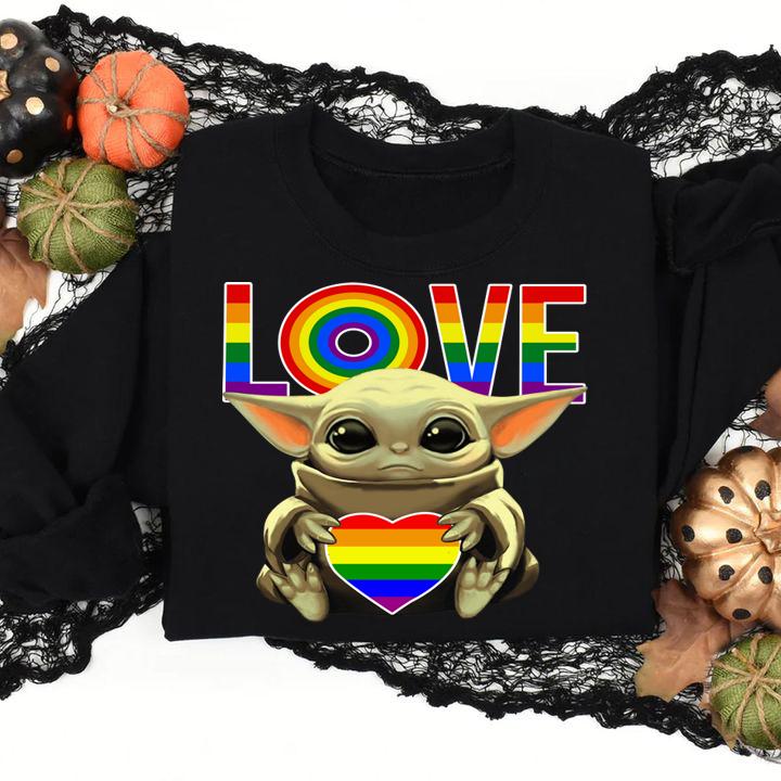 Hot LGBT Love Baby Yoda Rainbow Heart t-shirt sweatshirt