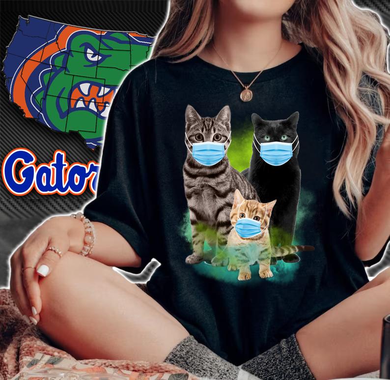 Three cats wear medical protective mask Covid-19 t-shirt woman shirt