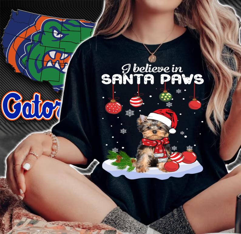 Yorkshire Terrier i believe in Santa paws Christmas t-shirt woman shirt