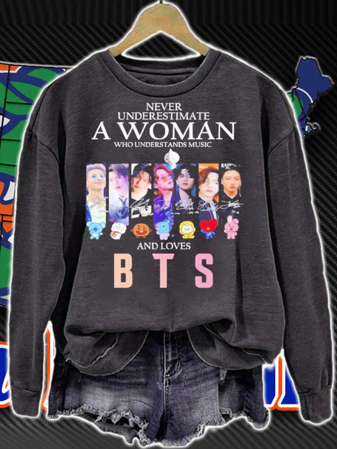 Never Underestimate A Woman Who Understands Music And Loves BTS Signatures Shirt t-shirt sweatshirt