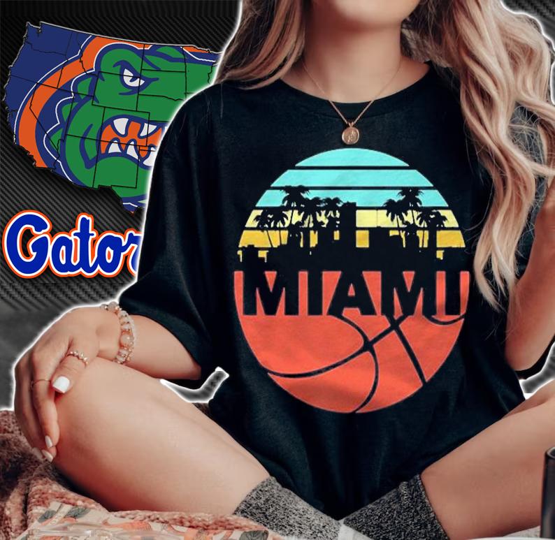 Women men vintage Miami Cityscape heat retro basketball fan t-shirt woman shirt