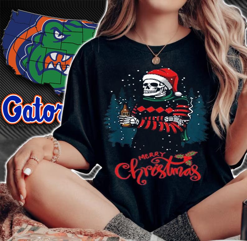 Skeleton Beer Merry Christmas Xmas T-Shirt woman shirt